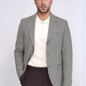 Black & Cream Houndstooth Pattern Gold Metal Button Slim Fit Men's Blazer Jacket