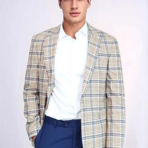 Plaid Slim-Fit Brown Blue Men Blazer