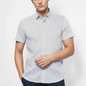 Blue Floral Patterned Short Sleeve White Men Shirt
