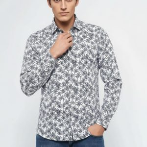 Blue Floral Patterned Long Sleeve White Men Shirt