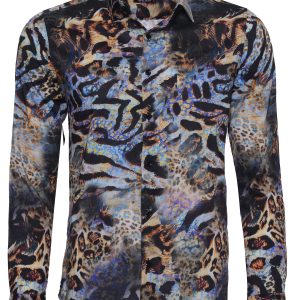 Leopard Pattern Slim Fit Long Sleeves Multicolor Men Shirt