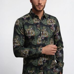 Yellow Black Leaf Patterned Long Sleeves White Men Shirt