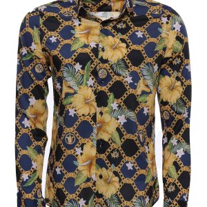 Colorful Floral Patterned Slim Fit Long Sleeves Navy Blue Men Shirt