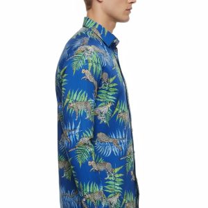 Tiger Patterned Slim Fit Long Sleeves Blue Men Shirt