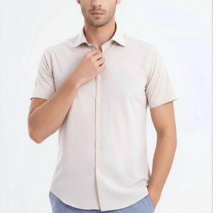 Short Sleeves Poly Cotton Slim Fit Cream Men Shirt