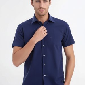 Short Sleeve Poly Cotton Slim Fit Navy Blue Men Shirt