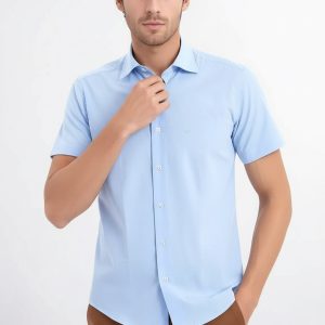 Slim Fit Short Sleeve Poly Cotton Blue Men Shirt