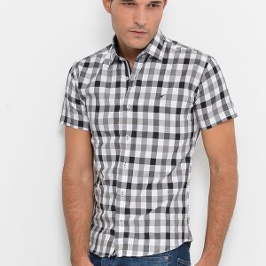Checked Short Sleeve White-Black Men Shirt