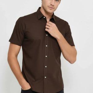 Plain Short Sleeves Brown Men Shirt