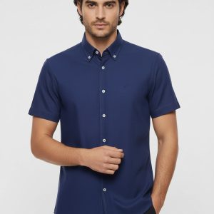 Linen Blend Short Sleeves Navy Blue Men Shirt
