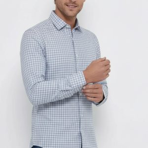 Slim Fit Plaid Patterned Navy Blue Shirt