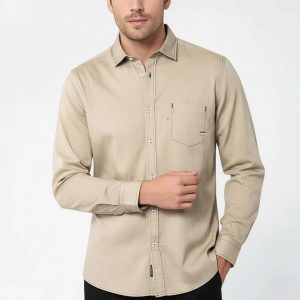 Cotton Long Sleeves Beige Men Shirt