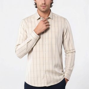 Beige Slim Fit Plaid Men's Shirt