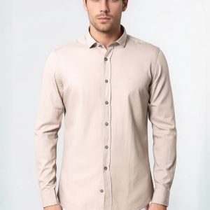 Patterned Cotton Slim Fit Beige Shirt