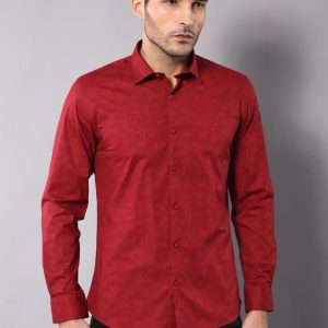 Burgundy Slimfit Shirt With Self Flower Pattern