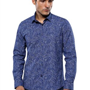 Damask Pattern Long Sleeves Men Blue Shirt