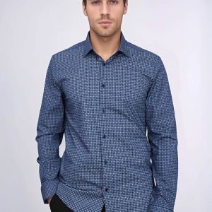 Houndstooth Pattern Slim Fit Navy Blue Men Shirt