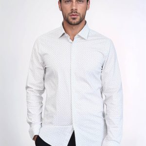 Houndstooth Pattern Slim Fit Ecru Men Shirt