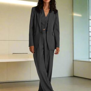 Modern Women's Pin Stripe Blazer 3 Pcs Long Sleeve Suit Jackets Vest And  Pants Suit Sets