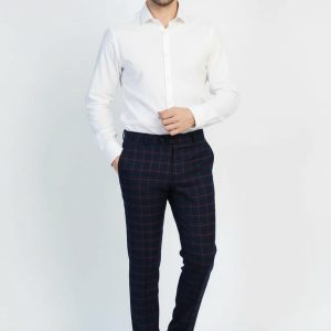 Slim Fit Checked Navy Blue Men Pants
