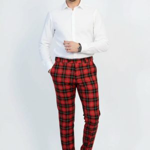 Slim Fit Checked Burgundy Men Pants