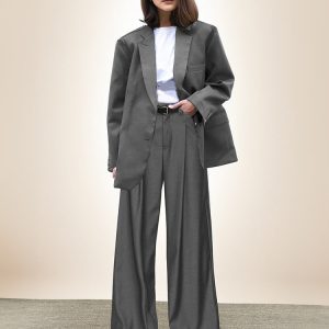 Modern Women Trendy Loose Wide Shoulder Lt. Weight Suit Sets Wide Blazer Top + Comfortable Loose Dress Pant