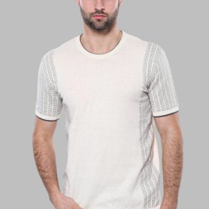 Circle Neck Patterned Cream Knitted T-Shirt