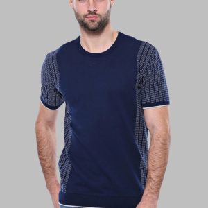 Circle Neck Patterned Navy Knitted T-Shirt