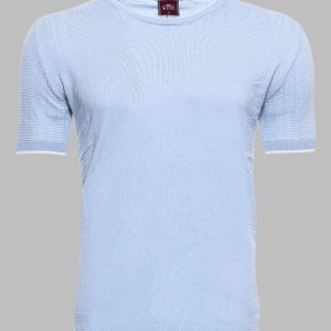 Circle Neck Patterned Blue Knitted T-Shirt