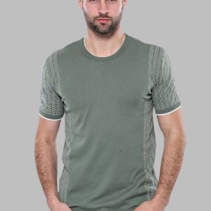 Circle Neck Patterned Green Knitted T-Shirt