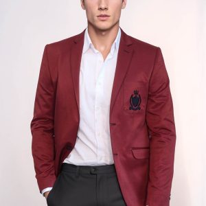2 Buttons 3 Pockets Crested Cotton Burgundy Jacket