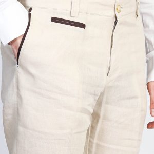 Cream Solid Slim Fit Dress Trousers