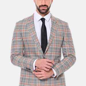 Plaid Slim-Fit Orange Black Men Blazer
