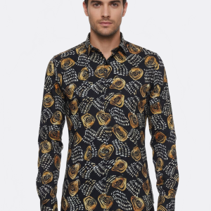Floral Patterned Long Sleeves Slim Fit Black Men Shirt