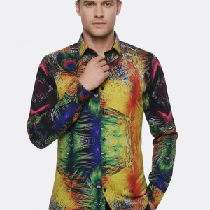 Peacock Pattern Long Sleeves Multicolor Men Shirt