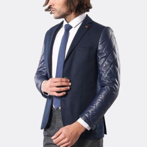 Leathered Sleeve Quilted Navy Blue Cache Blazer