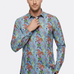 Red Floral Patterned Slim-Fit Long Sleeves Navy Blue Shirt