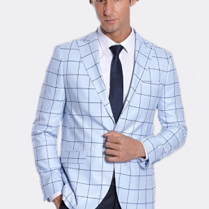 Plaid Slim Fit Light Blue Men Blazer