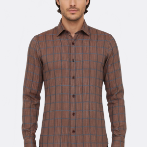Plaid Slim Fit Brown Men Shirt