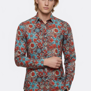 Blue Floral Slim-Fit Long Sleeve Red Men Shirt