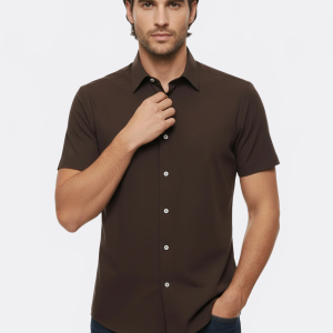 Short Sleeve Cotton Brown Men Shirt