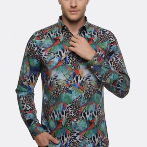 Leopard Pattern Slim Fit Long Sleeves Multicolor Men Shirt