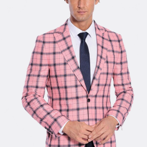 Plaid Slim Fit Pink Men Blazer
