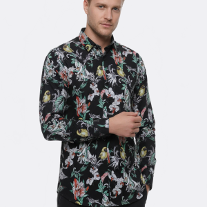 Floral Patterned Slim Fit Long Sleeves Black Men Shirt