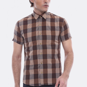 Checked Short Sleeve Brown Men Shirt