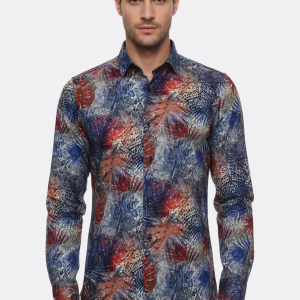 Red Leaf Patterned Navy Blue Men Shirt