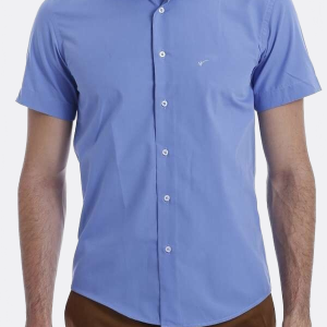 Short Sleeve Poly Cotton Slim Fit Blue Men Shirt