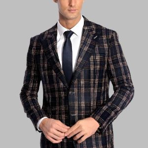 Plaid Slim Fit Navy Blue Men Blazer
