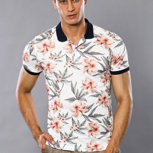 Polo Neck Floral Patterned Men Cream T-Shirt