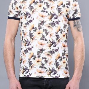Polo Neck Floral Pattern Orange T-Shirt